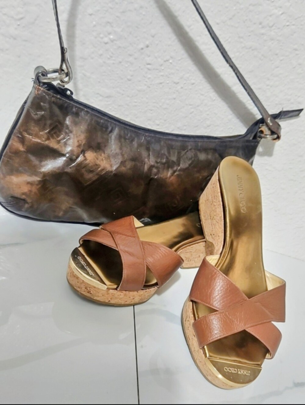 Jimmy Choo Prima Canyon Calfskin Cork Wedge Slide Sandals Brown Leather